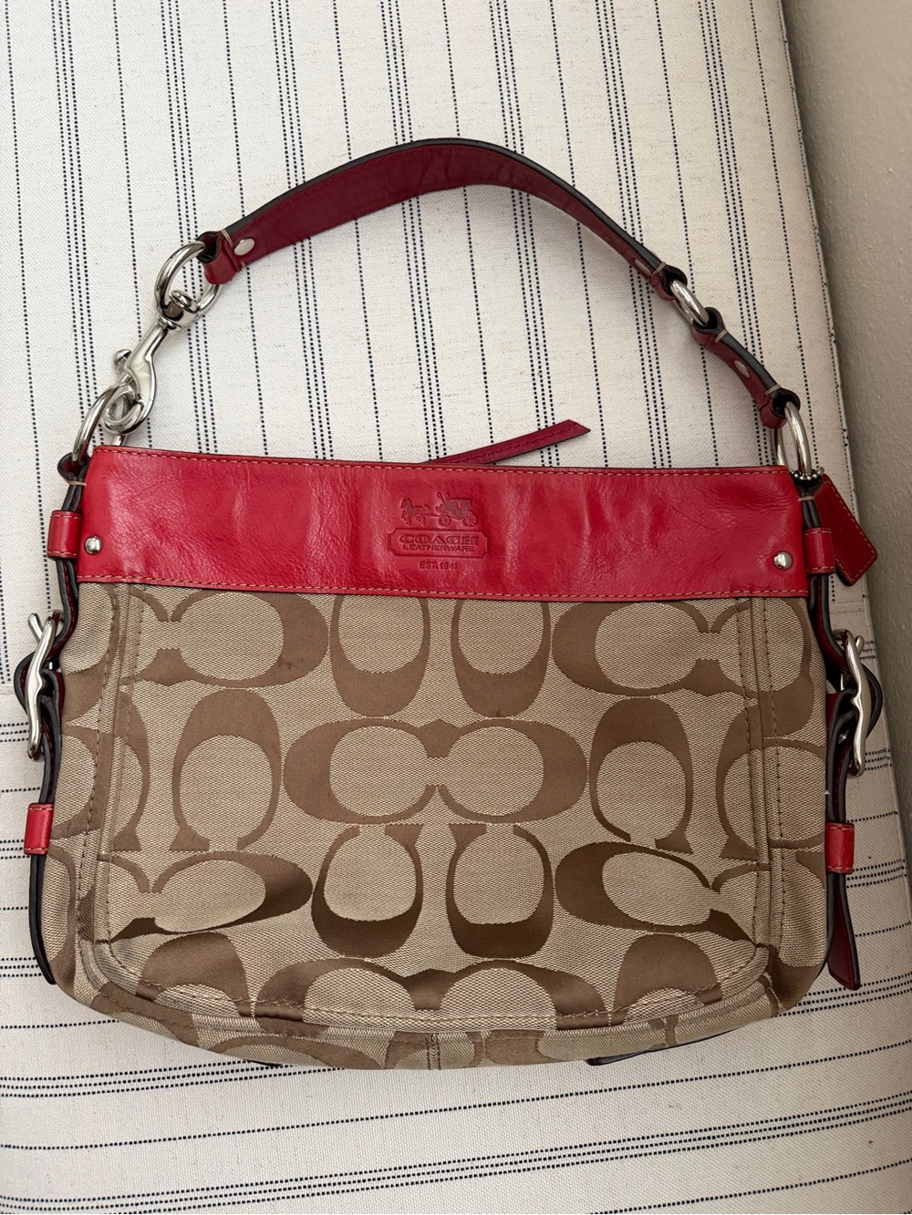 Coach Signature Canvas Shoulder Bag with Red Leather Trim